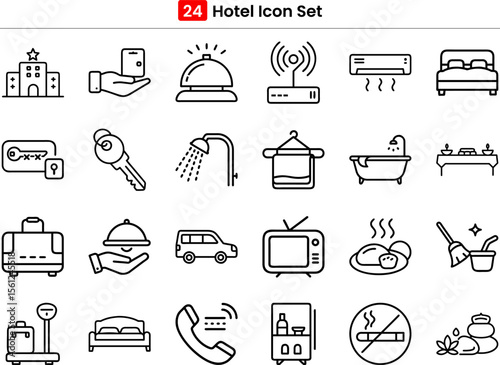 Clean line icons for hospitality and travel services. Features hotel building, bell service, room key, breakfast, booking, and luggage. Great for booking apps, travel sites, and tourism materials. 