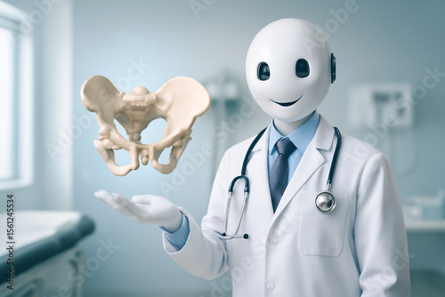 AI generated humanoid robot doctor presenting a floating human pelvic bone in a modern medical room. The robot features a friendly expression and a clean high-tech setting.