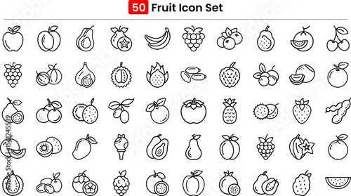 Fresh and clean fruit icons in linear style. Includes apple, banana, mango, watermelon, orange, pineapple, and more. Perfect for food-related designs, health apps, or organic product branding. Fully c