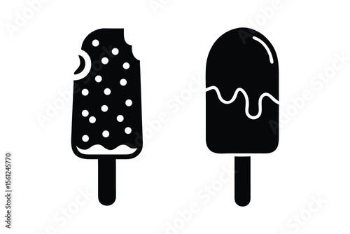Two minimalist black and white ice pop icons; one bitten, one melting,  perfect for summer branding,  food blogs,  or dessert menu design, conveying a playful yet sophisticated mood.