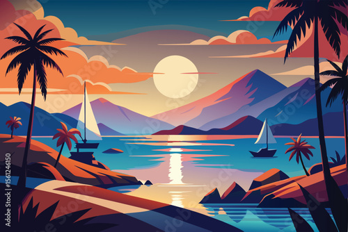 Vibrant Sunset Landscape Tropical Paradise Sailboats and Mountains
