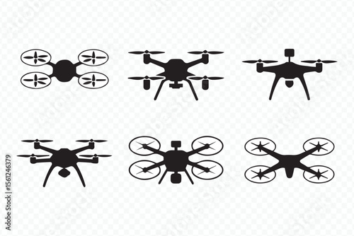 various pose drone vector set with six quadcopter silhouettes in different angles for design and stock projects