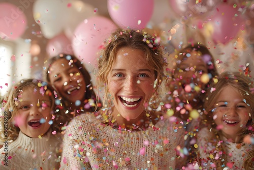 Joyful Family Celebrating with Confetti and Balloons