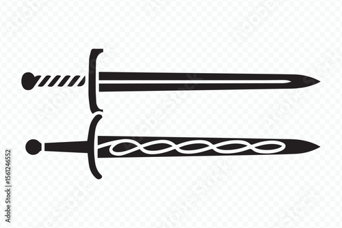medieval swords vector illustration set, black and white fantasy weapon graphics, detailed hilt and blade designs