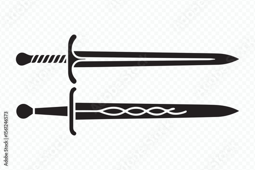 dual sword vector art, medieval fantasy illustration in black and white, high detail hilt ornament, weapon clipart