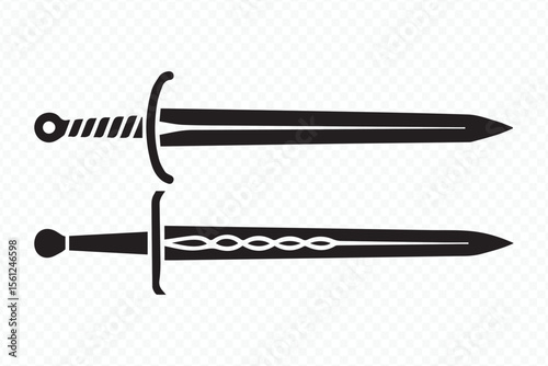 black and white sword vector graphics, medieval weapon illustration with intricate blade patterns, fantasy hilt artwork