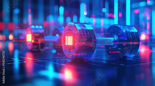 Futuristic weightlifting equipment in neon lit gym, showcasing advanced design and technology. vibrant colors create energetic atmosphere