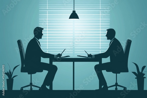 Interviewer asking questions to a job applicant during a formal interview in an office setting, evaluating qualifications and skills, Generative AI