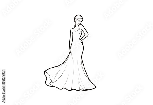 Elegant woman in flowing gown posing in minimalist outline style  