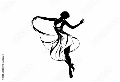 Silhouette of a woman dancing gracefully in flowing dress  
