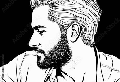 Man with beard looking thoughtfully to the side in black and white  