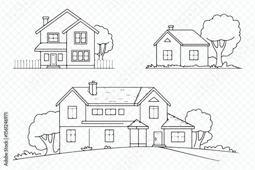 three vector house illustrations: modern villa, classic cottage, and suburban bungalow designs