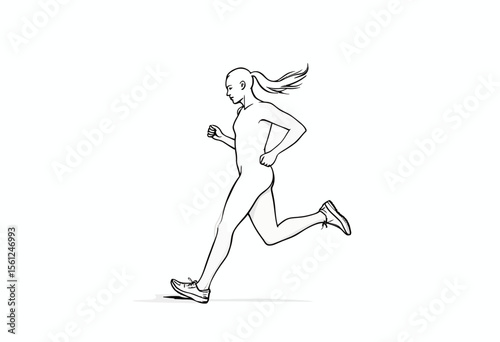 Woman running in athletic gear with a determined expression  