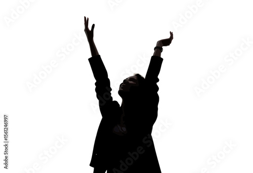 Woman dancing with raised arms in silhouette on white background  