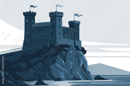 medieval castle silhouette vector with towers and battlements
