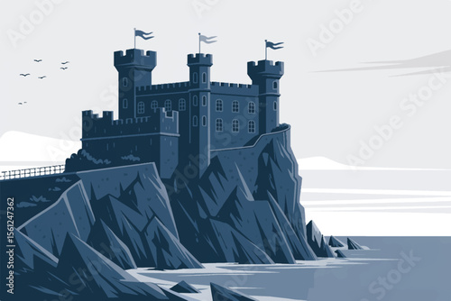 fairytale castle silhouette on horizon vector illustration