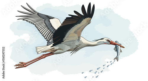 Majestic White Stork in Flight, Gracefully Carrying Fish A Stunning Wildlife Illustration
