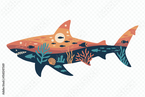 detailed shark vector with internal marine life scene including coral reef, fish, and underwater flora