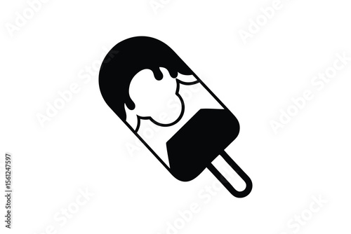 Melting Chocolate Covered Popsicle Icon:  Simple, Bold Black and White Graphic Design Element, Perfect for Summer Branding, Dessert Menus, Sweet Treats, and Food Blogs,  Illustrating a Deliciously Goo