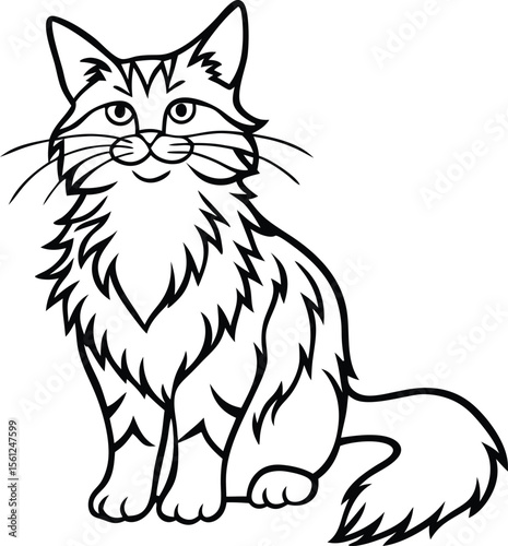 Maine Coon Cat Vector Illustration in Majestic Fluffy Line Art Style, Maine Coon Vector, Fluffy Cat Drawing, Majestic Pet Illustration