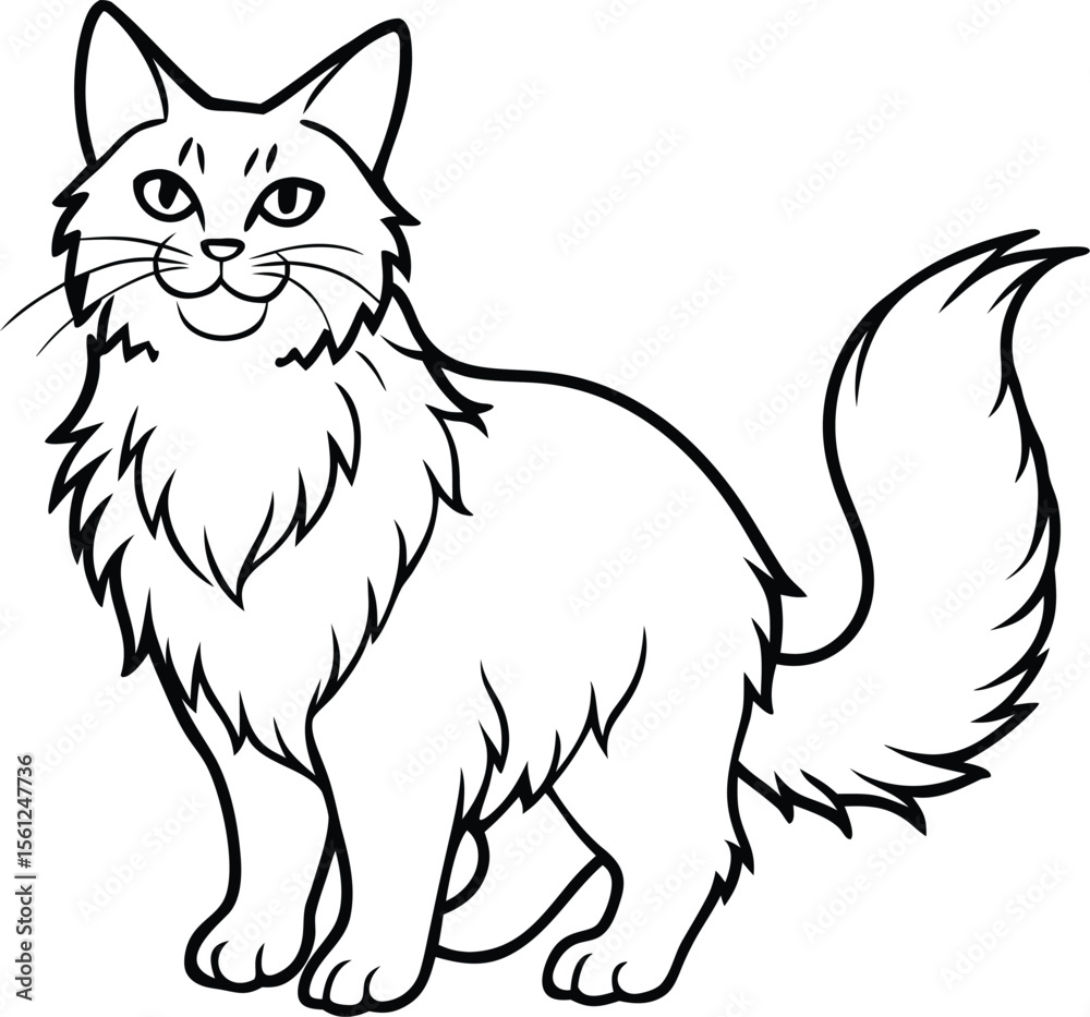 Obraz premium Norwegian Forest Cat Vector Illustration Isolated in Majestic Fluffy Line Art Style, Norwegian Forest Cat Vector, Fluffy Forest Cat Drawing, Majestic Pet Illustration