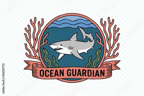 eco-friendly ocean guardian shark illustration vector, coral reef habitat, seaweed elements for conservation art