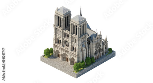 Architectural Marvel: An Isometric View of Notre Dame Cathedral, Paris, in Detailed 3D Rendering Against a Black Backdrop, Showcasing its Historic Beauty