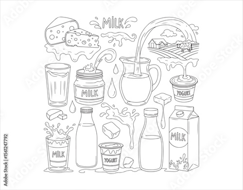 Doodle set of dairy products like cheese, yogurt, and milk in various containers.

