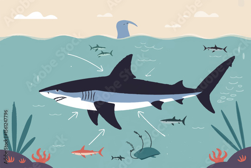 shark infographic vector design with data charts and ocean elements for marine presentation template