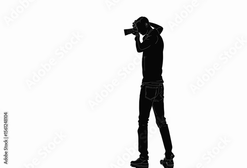 Silhouette of man taking photo with camera against white background  