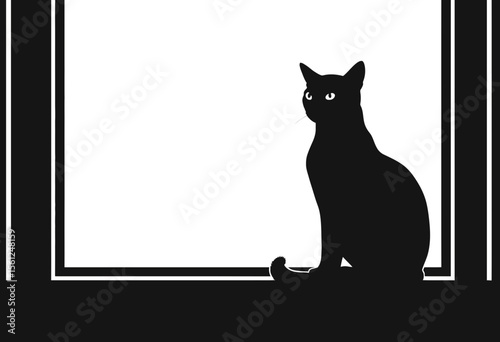 Black cat sitting on windowsill in silhouette against white background  