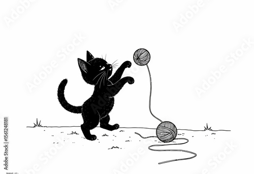 Black cat playing with yarn ball in simple animated style  