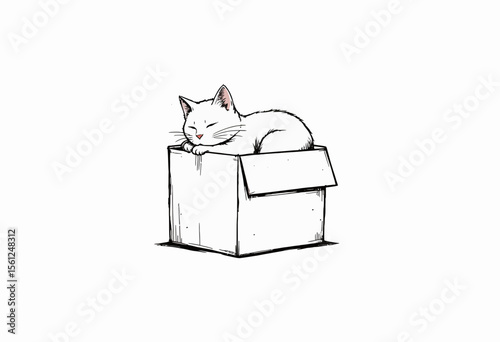 White cat sleeping in a cardboard box with a simple outline  