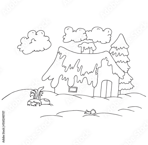 Cute cartoon hand drawn vector winter home outline.