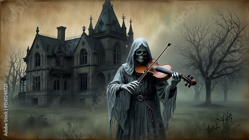 A ghostly figure, wreathed in mist, plays a spectral violin, its mournful notes echoing through an abandoned, gothic manor.