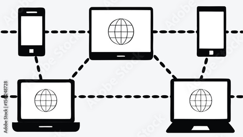 Network diagram showing connected devices including laptops tablets and smartphones via dashed lines