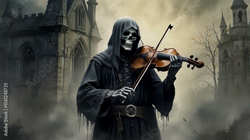 A ghostly figure, wreathed in mist, plays a spectral violin, its mournful notes echoing through an abandoned, gothic manor.