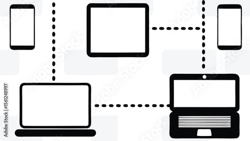 Illustration of interconnected devices including laptops tablets and smartphones in network diagram