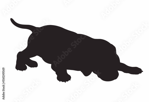 Silhouette of a dog sniffing the ground in a playful pose  