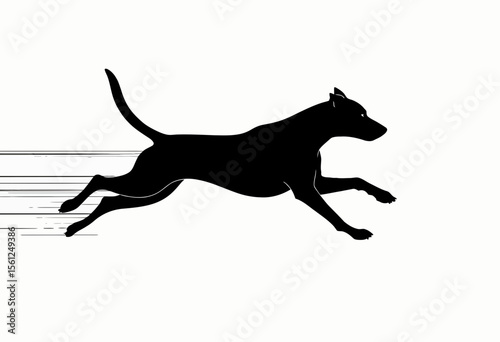 Running black dog silhouette in motion against a white background  