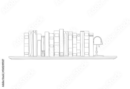 Bookshelf with stacked books and table lamp in minimalist style  