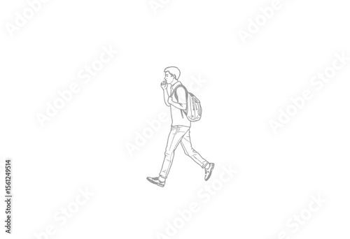 Young man walking with backpack on a white background  
