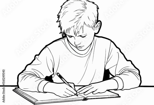 Young boy writing in notebook while studying at desk  