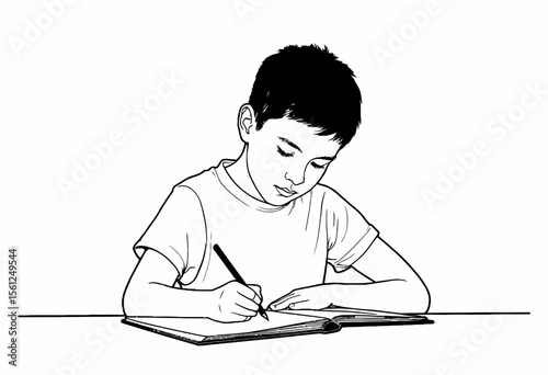 Young boy writing in notebook with pencil while focused  