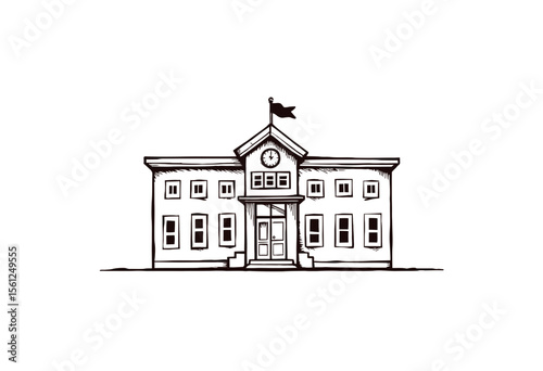 Drawing of a classic school building with a flag on top  