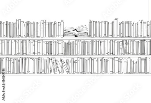 Bookshelf with open book among closed books in monochrome style  