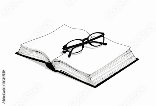Open book with glasses resting on pages in minimalistic style  