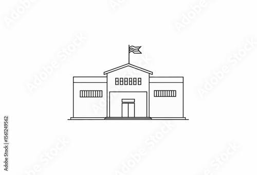 Line drawing of a building with a flag on top  