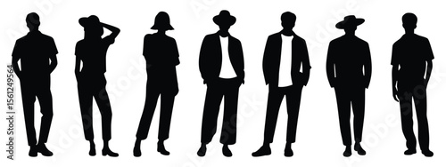 Diverse group of people in stylish clothing silhouette isolated on white background