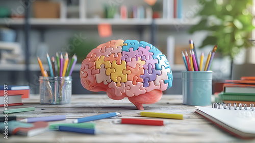 Puzzle pieces forming a brain on a desk with school supplies, educational concept, 3D illustration